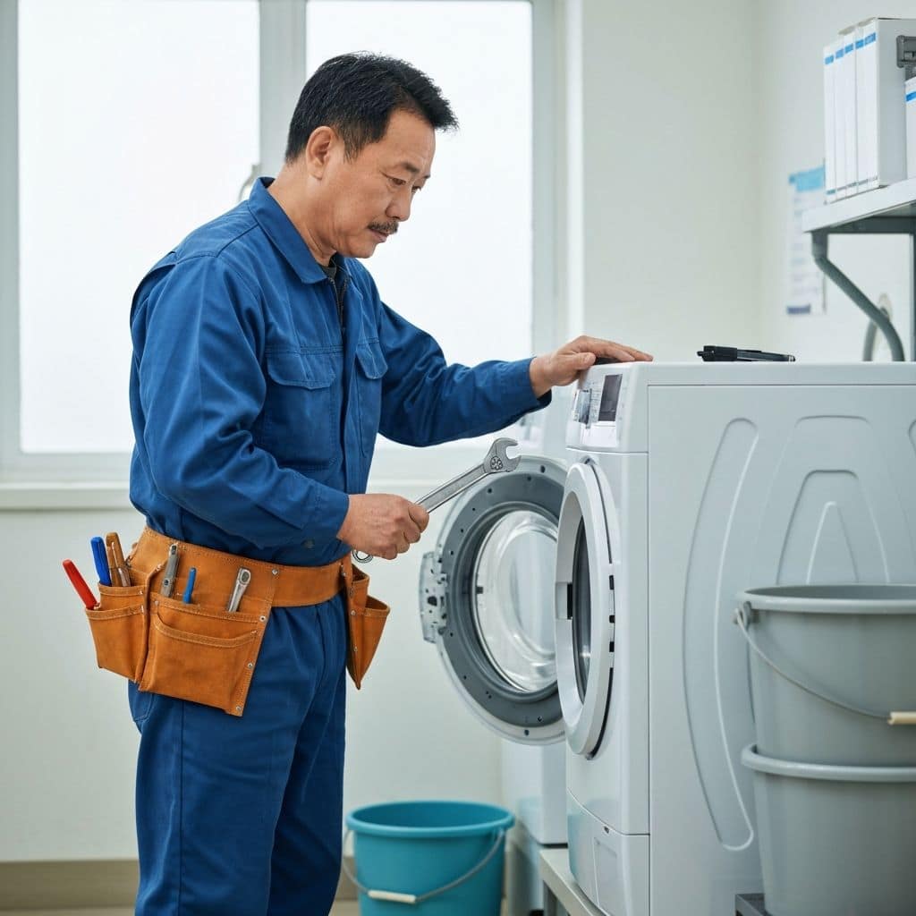 On-Site Diagnosis and Inspection Technician performing on-site washing machine diagnosis in Puchong